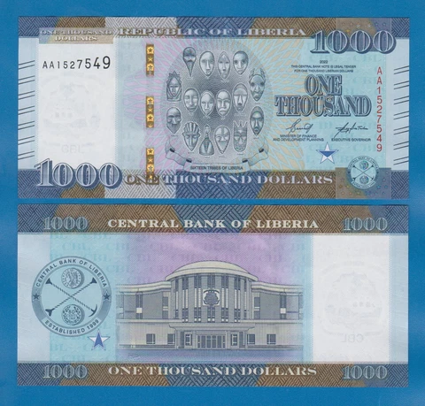 Liberia 1000 Dollars P 41a New 2022 UNC ( P 41 a ) Prefix "AA" Cover