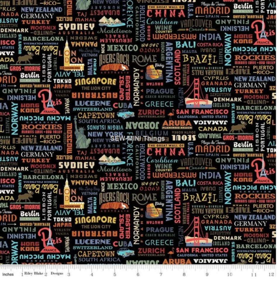 Tela negra Destinations of the World de Riley Blake 100 % algodón 18" x 44" Foto 1 de 1