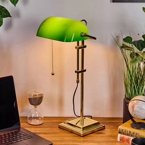 Bankerlampe & Schreibtischlampe: Zugschnur, E27, Metall/Glas, Messing/Grün/Weiß - Bild 1 von 10