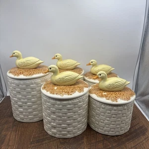 Ente Kanister 5er Set Korbgeflecht Keramik handbemalt Vintage Dekor - Bild 1 von 13