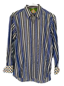 Robert Graham L Purple Gray Black Stripe Mini Paisley Flip Cuff Button Up Shirt - Picture 1 of 10