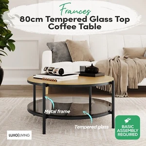 Coffee Table w/ Tempered Glass Shelve Wooden Top Modern Living Room-Natural - Picture 1 of 7