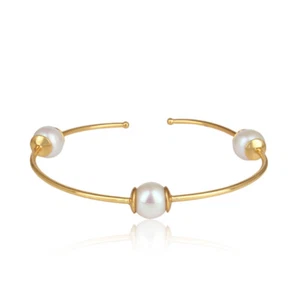 Three Pearl Gemstone Sleek Bangle Gold Plated 925 Silver Bangles Jewelry - Picture 1 of 3