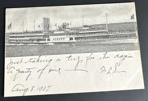Postal: Vintage en blanco y negro ~ barco vaporero Hudson River Dayline ALBANY ~ 1907 - Imagen 1 de 2