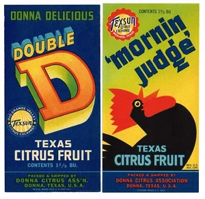 2 ORIGINAL SMALL 1940S CRATE LABELS VINTAGE DONNA TEXAS ROOSTER MORNING JUDGE DD - Picture 1 of 1