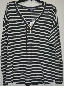Chaps Women's Black Striped Lace Up Front Long Sleeve Knit Top Size XL - Picture 1 of 3