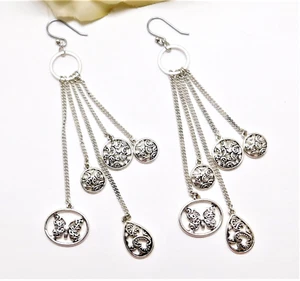 BUTTERFLY SILVER TONE DANGLE CHARM EARRINGS 3.5" - Picture 1 of 5