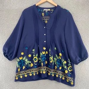 Figueroa & Flower Top Womens 2X Plus Navy Embroidered Long Sleeve Button Pleated - Picture 1 of 11