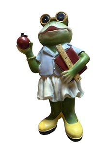 Resin Frog Teacher Figurine Statue Green School Theme Glasses Book Ruler Apple - Picture 1 of 2