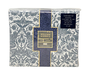 WILLIAM MORRIS England QUEEN Cotton Percale Sheet Set Strawberry Thief Blue NEW