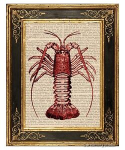 Red Crawfish Art Print on Vintage Book Page Home Kitchen Hanging Decor Gifts