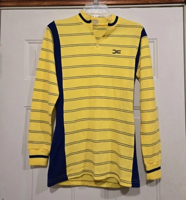Suéter vintage DECCA 1970s bicicleta ciclismo jersey amarillo con rayas azules 2 bolsillos Foto 1 de 4