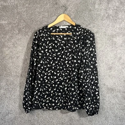 Пышная рубашка женщин большой черный печать длинным рукавом v-образным вырезом на пуговицах стежок исправить Топ - Изображение 1 из 4