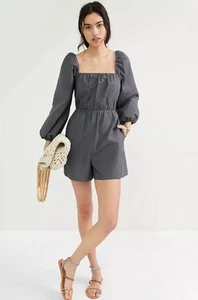NWT Anthropologie Mare Mare Puff-Sleeved Romper Smoky Back Grey XS Pockets Chic - Picture 1 of 9
