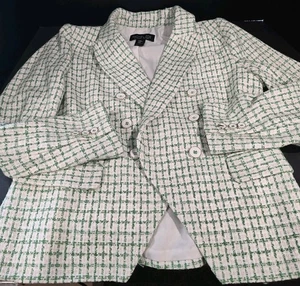 Rachel Zoe US Medium White Green Tweed Blazer Jacket Coat Lined Runway Office - Picture 1 of 12