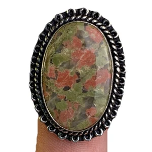 Unakite Jasper 925 Sterling Silver Oval Ring Size 8.25 Boho Statement Art Deco - Picture 1 of 7