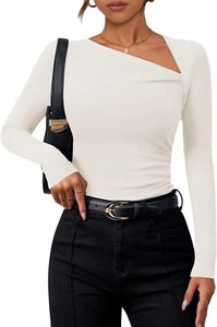 ZESICA Women's Long Sleeve Tops 2024 Fall Asymmetrical Neck Slim Small, White - Picture 1 of 7