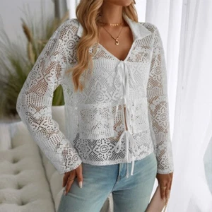 Donna Trasparente Camicia Traforato Top Camicetta con Lacci Scollo A V Sciolto - Foto 1 di 7