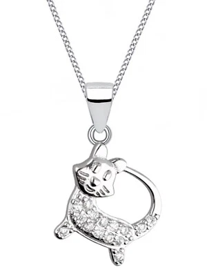 Halskette Kinder Silber Katze Anhänger Kette 925 Silber Zirkonia Echtschmuck - Bild 1 von 4