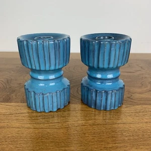 Pair Italian Candle Holder Blue Textured C.10.B Italy MCM Vtg Ceramiche Arno - Picture 1 of 10