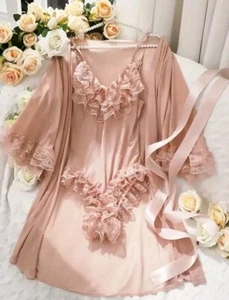 2pc- Babydoll Style Lace Trim Detail Sleepwear & Robe (Pink)-L - Picture 1 of 5
