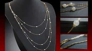 Elegante collar con dijes de cadena larga con cuentas de perlas doradas multicapa para mujer - Imagen 1 de 8
