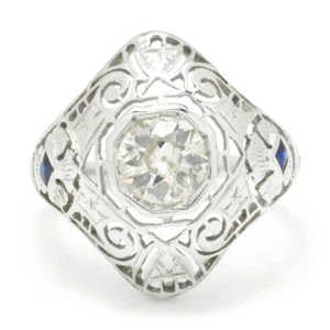 Art Deco alter Minenschliff Diamantring mit Saphiren 18K 0,80ctw - Bild 1 von 9