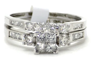 10K White Gold Princess Cut Diamond Bridal Wedding Band Engagement Ring Set 1 Ct - Picture 1 of 3