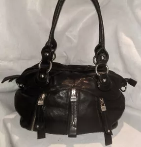 B. Makowsky Black Soft Leather Satchel 3 Zip Pocket Front Shoulder Handbag Purse - Picture 1 of 9