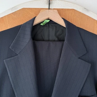 VINTAGE Polyester Suit Mens 42R Navy Blue Pinstripe Wide Notch Canvas 36x30 Flat - Image 1 of 4