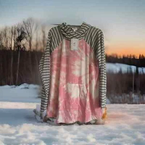 XS Lularoe Amber Lightweight Hoodie Tie Dye Pink and Gray White Stripe NEW - Picture 1 of 3