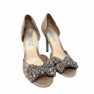 Betsey Johnson Crystal Rhinestone Bow Stilettos Size 7M SB Gown Open Toe Blue - Picture 1 of 13