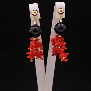 Pendientes De Oro Amarillo 18 KT 750 Con Ónice Y Coral Certificado - Imagen 1 de 6