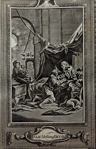 c1790 9x15 BIBLE LEAF Copper Plate Engraving ISAAC BLESSING JACOB Genesis 27.28 - Picture 1 of 4