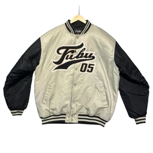 Vintage FUBU Satin Varsity Jacket Khaki Black XXL 2XL Y2K Streetwear Hip-hop 05 - Picture 1 of 9