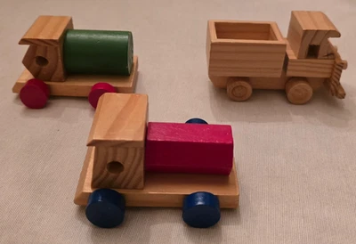 Vintage Wooden Toy Cars Trucks Lot of 3 Handmade Montessori Style Natural Wood - Image 1 of 4