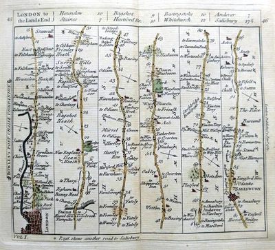 MAPA DE RUTA DE LONDRES A SALISBURY POR CARINGTON BOWLES c1782 ANTIGÜEDAD GENUINA Foto 1 de 4