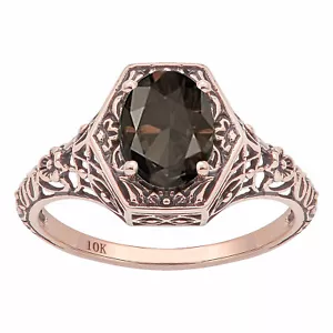 Anello in filigrana quarzo fumoso oro rosa 10k stile vintage autentico ovale - Foto 1 di 5