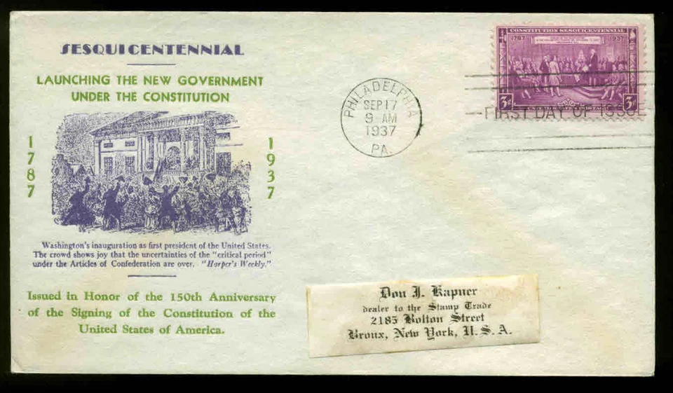 798 CONSTITUTION FDC PHILADELPHIA, PA PLANTY P28 KAPNER CACHET MAILED TO HIMSELF - Image 1 of 1