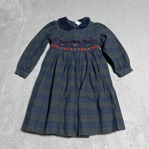 Vintage Christie Brooks Girls Medium Navy Green Plaid Smocked Long Sleeve - Picture 1 of 8