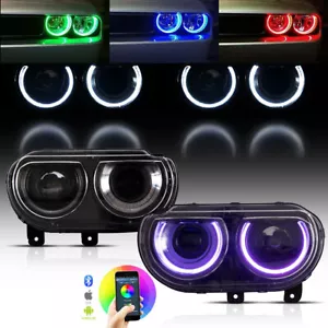 LED Halo Projector Headlights For 2008-14 Dodge Challenger RGB Mode Front Lamps - Picture 1 of 10