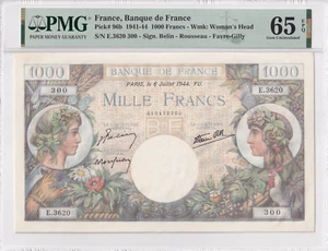 PMG RARE Frankreich 1000 Francs 1941-1944 P-96b GEM Stempelglanz 65 EPQ - Bild 1 von 2