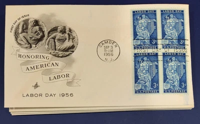 1956 FDC Art Craft 3 Cent Stamp LABOR DAY 1956 HONORING AMERICAN LABOR Block Pla - Image 1 of 2