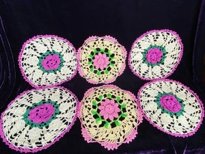 Juego de 6 tapetes florales tejidos a mano 7,5" rosa/verde/amarillo púrpura Cottagecore - Imagen 1 de 7
