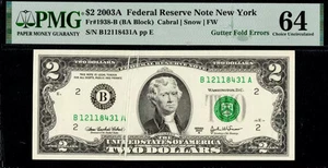 $2 2003-A FRN MULTIPLE GUTTER FOLD ERRORS on DEUCE PMG Ch Unc 64 - Picture 1 of 2