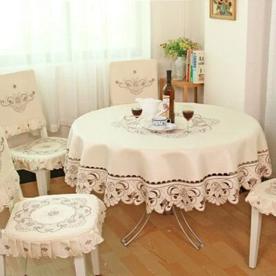 White Embroidered Lace Tablecloth European Tablecover Floral Round Square - Image 1 of 4