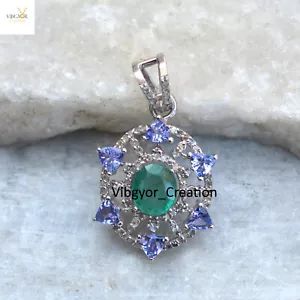 Colgante Tanzanita Diamante Natural Esmeralda Plata de Ley 925 Cadena de Eslabones de 16" - Imagen 1 de 4