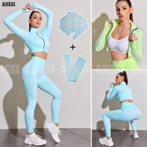 New Yoga Set Women Gym Fitness Workout Sport Suit Zipper Top Leggings 2 Pieces