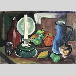 Old USSR OIL Hand PAINTING/Blue Pot and Candle, Pears/ Still life 1967 SIGNED - Picture 1 of 4
