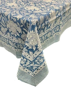 Indian Hand Block Print Tablecloth 100%Cotton 150*220cm Blue Floral with Napkins - Picture 1 of 6